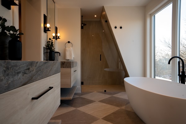 Modern luxury bathroom with freestanding tub and double vanity